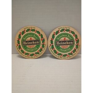 Vintage Heineken Beer Coasters Set of 2 Holiday Holly Wreath Printed in Holland